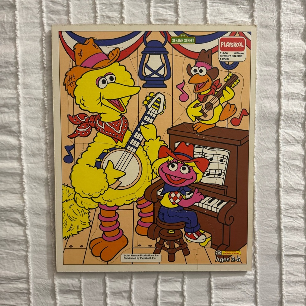 Vtg 80s Playskool Cowboy Big Bird & Band Wood Puzzle Jim Henson (8 Pc)